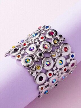 Multicolor Crystal Silver-Tone Statement Cuff Bracelet